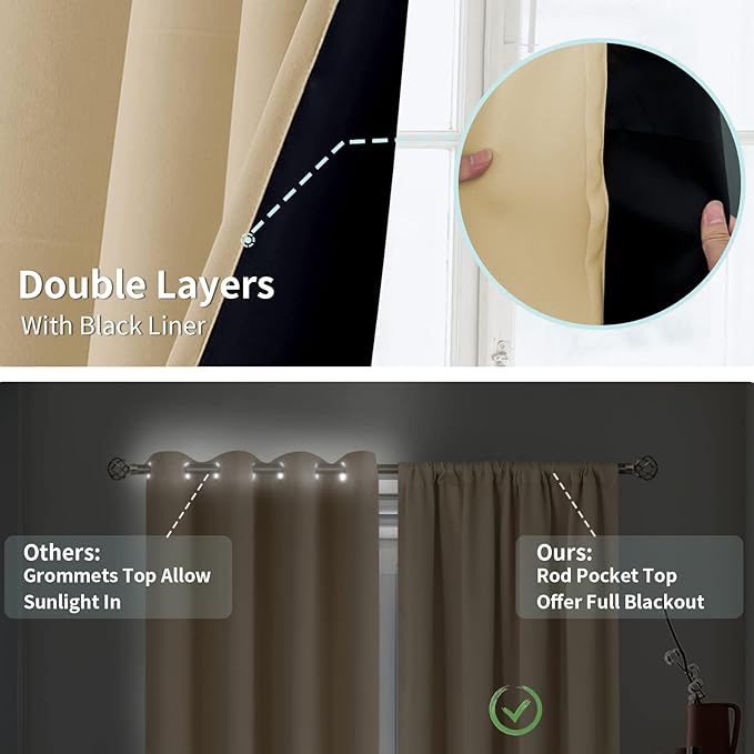 BGment Thermal Insulated 100% Blackout Curtains for Bedroom with Black Liner, Double Layer Full Room Darkening Noise Reducing Rod Pocket Curtain (42 x 84 Inch, Beige, 2 Panels) - Image 6