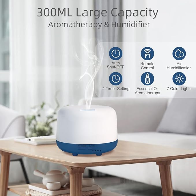 300ML Essential Oil Diffuser with Remote Control, 7 LED Color Changing Light,Ultrasonic Cool Mist Scent Humidifier - Image 2