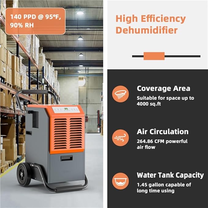 ARLIME 140 Pints Dehumidifier w/Handles & Wheels & Intelligent Humidity Control, 24H Timer, 1.45 Gallon Water Tank Dehumidifier for Home Bedroom, Bathroom, Office, Large Rooms, Up to 4000 Sq.Ft - Image 3