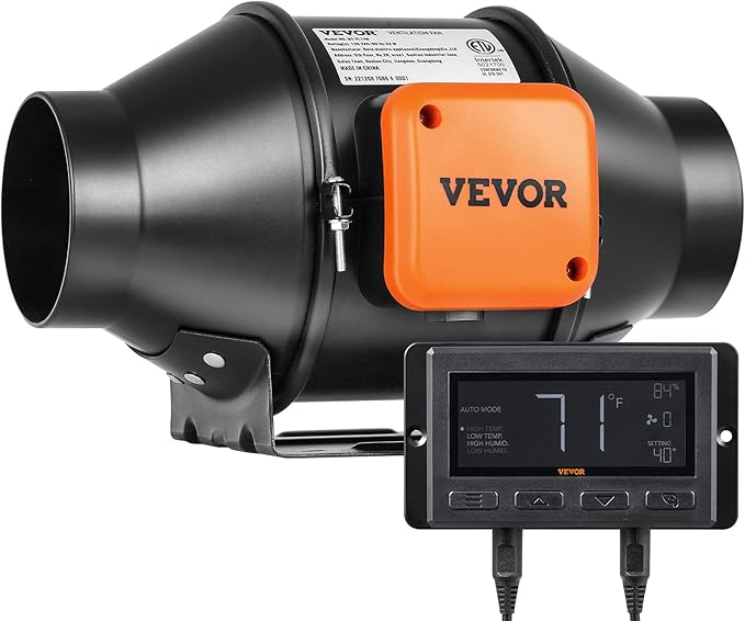 VEVOR Inline Duct Fan, 4-Inch 205 CFM with Temperature Humidity Controller, Quiet EC-Motor Ventilation Exhaust Fan for Cooling Booster, Grow Tents, Hydroponics by VEVOR