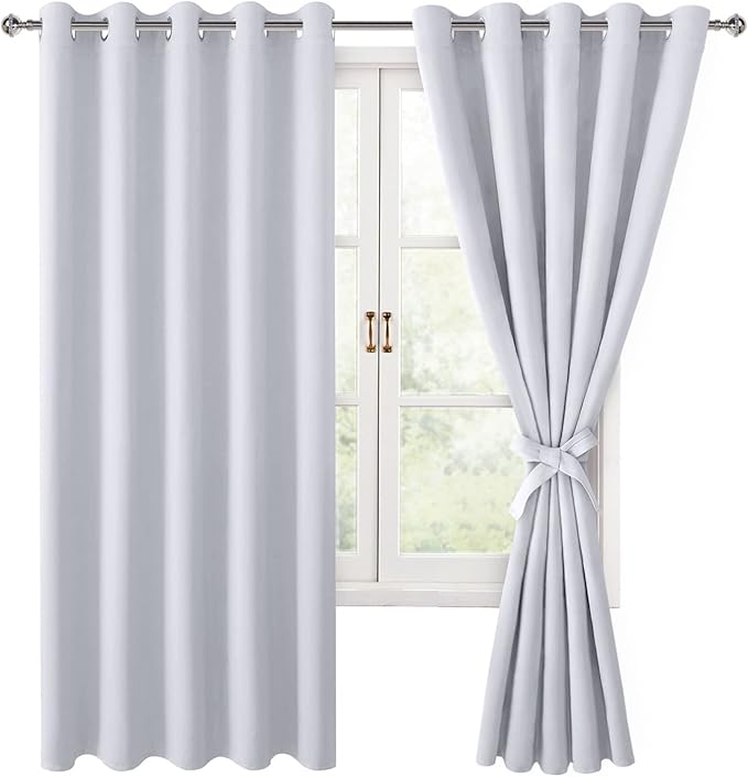 Hiasan Blackout Curtains for Bedroom, 60 x 63 Inches Length - Thermal Insulated & Energy Saving Window Curtains for Living Room, 2 Drape Panels Sewn with Tiebacks, Greyish White by Hiasan