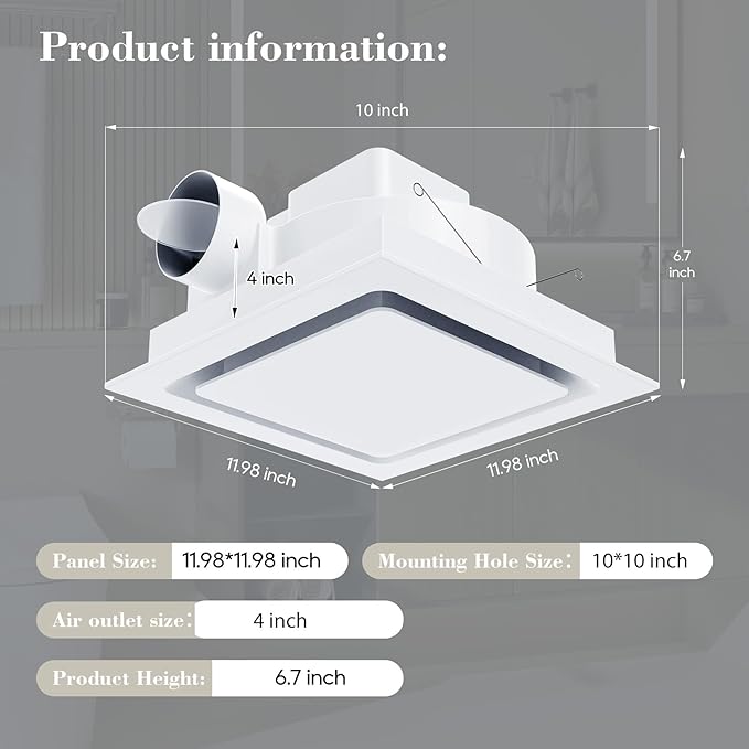 Bathroom Exhaust Fan 12" Panel Ultra Quiet without Light（10x10 Mount）, 1.0 Sone 130CFM, 4" Duct for Bathroom/Garage/Home - Image 2