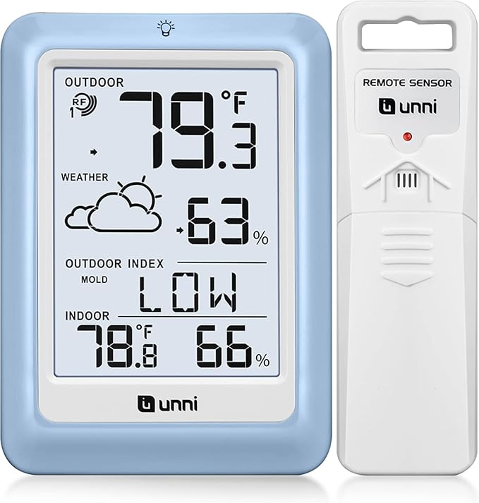 Indoor Outdoor Thermometer Wireless Weather Station, Temperature Humidity Monitor Battery Powered with 330ft Range Remote Sensor and Backlight Display（Light Blue） by UUNNI