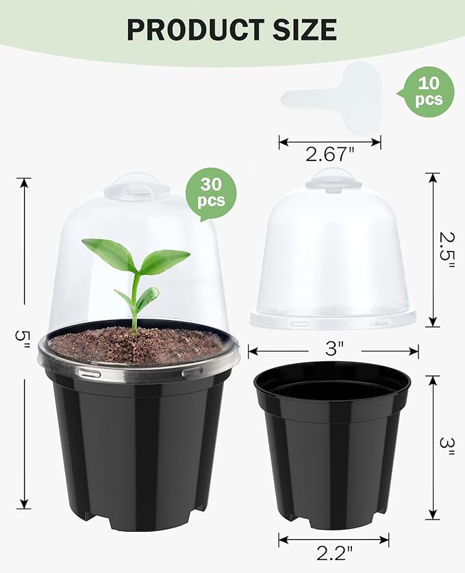 homenote Nursery Pots for Plants,3 Inch Plant Pot for Planting with Humidity Domes Plastic Seedling with Drainage Holes Seed Starter Flower with 10 Labels Black (30 Pack) - Image 4
