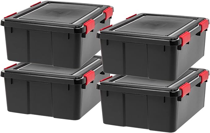 IRIS USA WeatherPro 31 Qt Storage Bins with Lids, 4 Pack, BPA-Free Plastic Gasket Box with Tight Latch and Seal, Stackable Nestable Tote Tub - Black/Red by IRISUSA