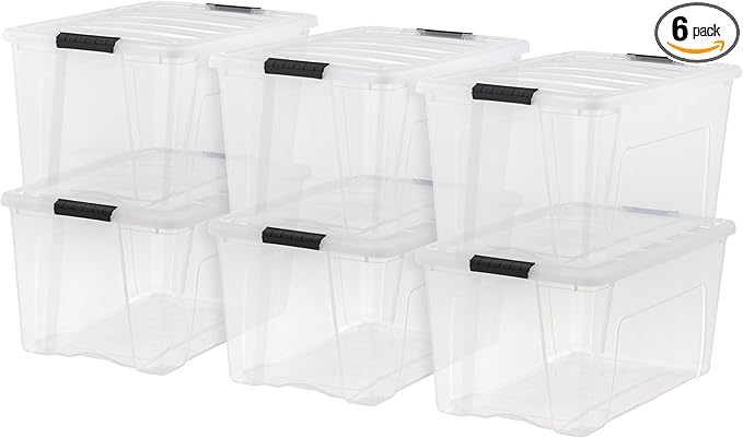 IRIS USA 72 Qt Stackable Plastic Storage Bins with Lids, 6 Pack - BPA-Free, Made in USA - See-Through Organizing Solution, Latches, Durable Nestable Containers, Secure Pull Handle - Clear by IRISUSA