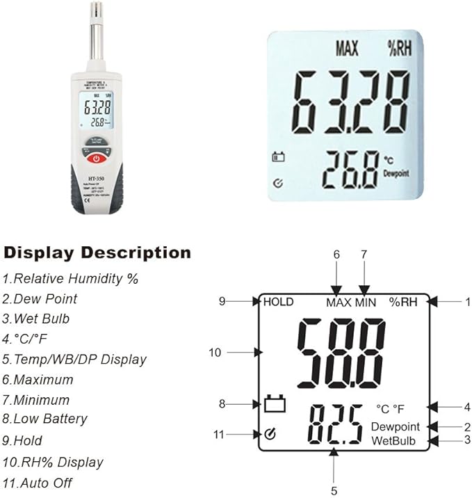 Hygro-Thermometer Psychrometer, Handheld Digital Humidity Temperature Meter with Dew Point and Wet Bulb Temperature, Dual Display Temperature & Humidity, Hti-Xintai - Image 7