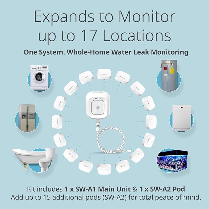 D-Link Next-Gen WiFi Water Leak Detector Starter Kit with 2 sensors—Loud 100 dB Sound Alarm—App Alert—LED Strobe Light—No Hub Required—Works with Google—1000ft Ultra-Long Range—Expandable (SW-A11KT) - Image 5