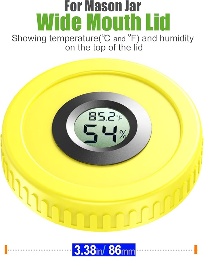 Airtight Mason Jar Lids Built-In Stash Hygrometer Herb Curing monitor fits all Wide Mouth/Regular Mouth Mason Jars humidity lid 2pcs (86mm, Yellow) - Image 2