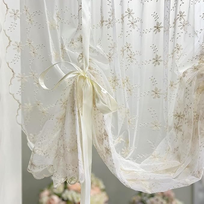 Beige Romantic Little Floral Woven Lace Tie Up Balloon Curtain for Kitchen Liftable Tier Roman Blind Victorian Drapes for Small Window Cafe Balcony Rod Pocket 1 Panel (55Wx71L inch) - Image 4