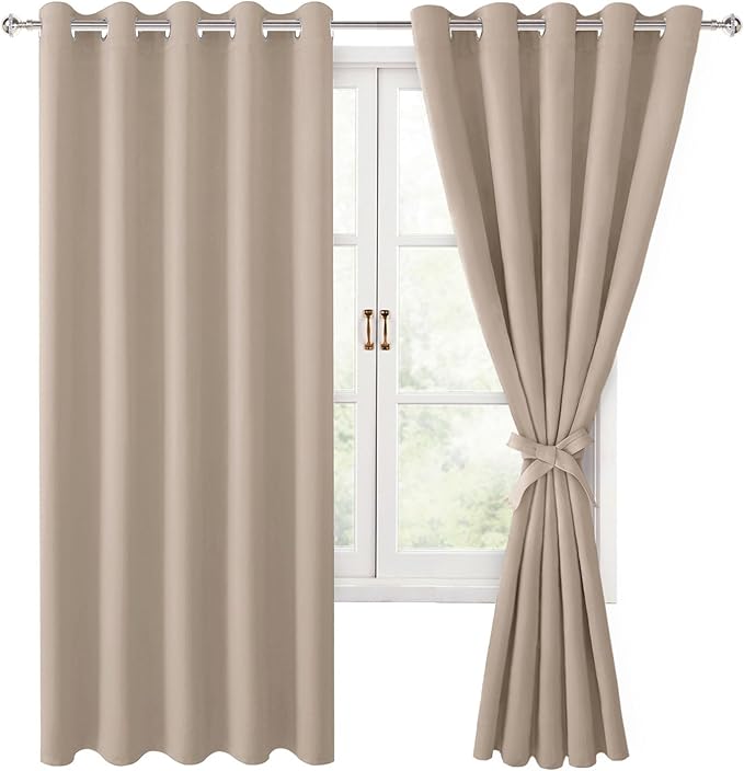 Hiasan Grommet Blackout Curtains for Bedroom, 60 x 72 Inches - Thermal Insulated & Light Blocking Window Drapes for Living Room/Dorm Room, Set of 2 Panels Sewn with Tiebacks, Camel by Hiasan