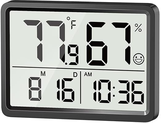 DOOMAY Room Thermometer Indoor - Hygrometer Temperature and Humidity Monitor with High Accuracy Sensor LCD Display Large Display Date Clock for Kitchen Baby Room Office (Black) by DOOMAY