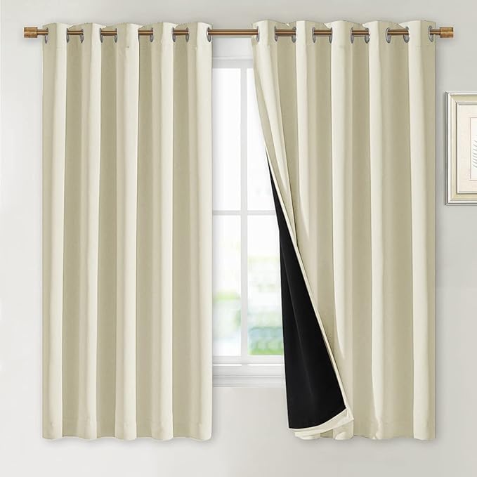 NICETOWN Living Room Completely Shaded Draperies, Privacy Protection & Noise Reducing Ring Top Drapes, Black Lined Insulated Window Treatment Curtain Panels (Beige, 2 Pieces, W70 x L63) by NICETOWN