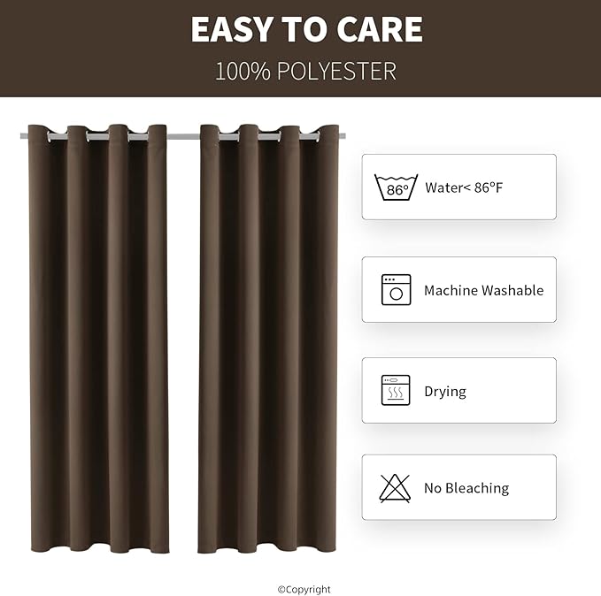 Water Proof Outside Curtains W52 x L72 with Grommet Top for Porch, Thermal Insulated Washable Light Block Outdoor Divider Drapes for Patio Gazebo Deck Pool Area Pergola Cabana (Brown, 2 Panels) - Image 6
