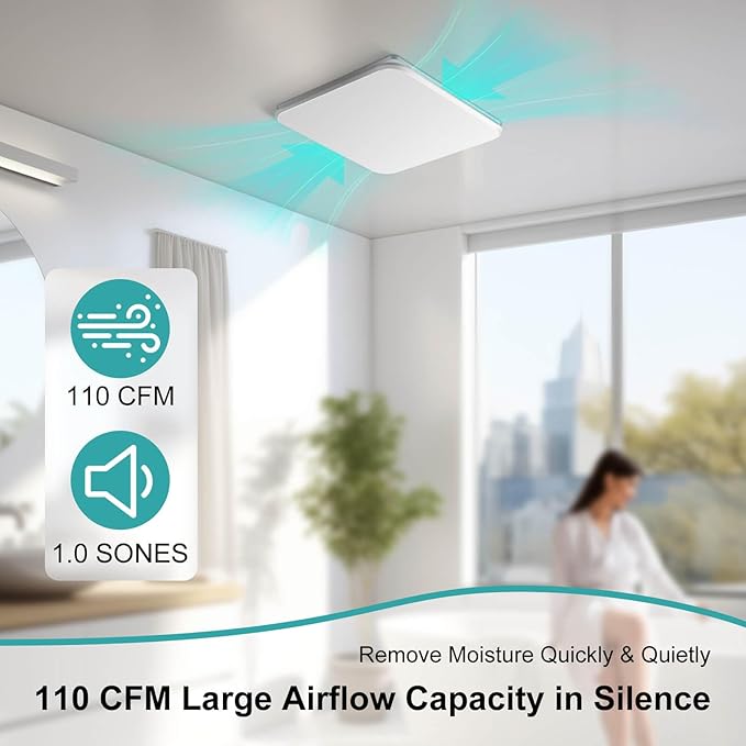 Bathroom Exhaust Fan 110CFM with Hidden Grille Design, 1.0 Sones Urtra Quiet Ceiling Ventilation Fan System - Household Bathroom Extractor Fan for Home/Office/Hotel, 4 inch Diameter Outlet - Image 2