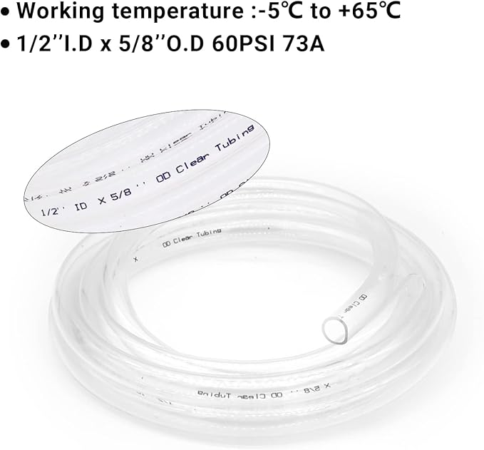 Clear Vinyl Tubing - 1/2" ID 5/8" OD, 50 Ft, 60PSI, Flexible Plastic, BPA Free, Reinforced, With 2 Screw Clamps - Image 5