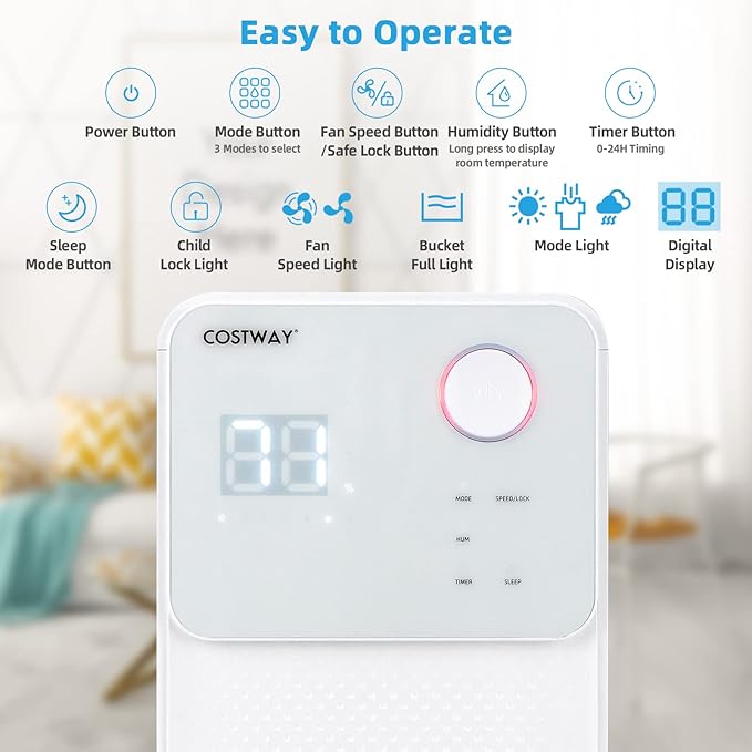 COSTWAY 2000 Sq. Ft Dehumidifier for Large Room & Basement, 32 Pint Dehumidifier with Drain Hose, 4 Modes, 2 Speeds, 24H Timer, Auto Defrost, 3-Color Digital Display - Image 2