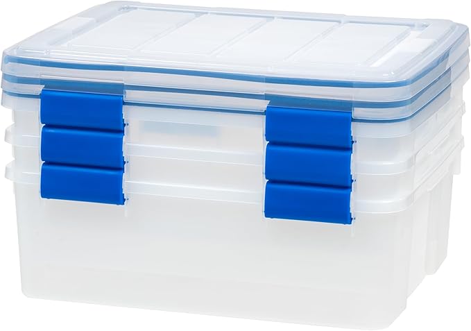IRIS USA 26.5 Quart WEATHERPRO Plastic Storage Box with Durable Lid and Seal and Secure Latching Buckles, 3 Pack, Weathertight, Keep Pest Dust and Moisture Out, for Oversized Bulky Items, Clear/Blue - Image 8