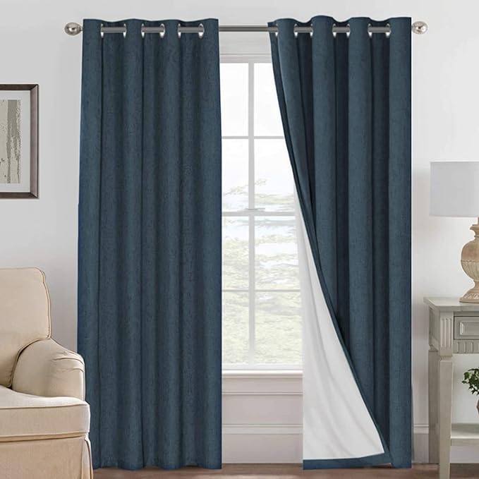 H.VERSAILTEX Linen Blackout Curtains 84 Inches Long 100% Absolutely Blackout Thermal Insulated Textured Linen Look Curtain Draperies Anti-Rust Grommet, Energy Saving with White Liner, 2 Panels, Navy by HVERSAILTEX