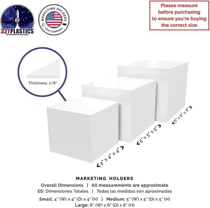 2 Pack Acrylic Display Riser Boxes 3 Piece White Retail Product Riser No Lid with Hollow Bottom 4", 5", 6" High Nesting Bins One Open Side Merchandise Storage Box by Marketing Holders - Image 7