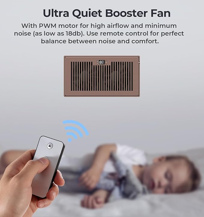 Quiet Register Booster Fan Fits 6" x 12" Register Holes, 10-Speed Smart Heating Cooling AC Vent Fan with Remote Control and Thermostat Control - Bronze - Image 5