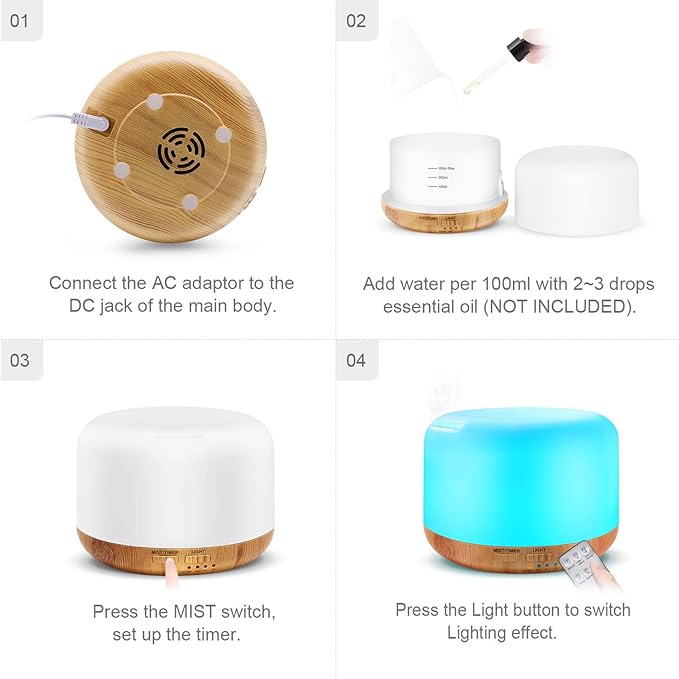 300ML Essential Oil Diffuser, Remote Control Ultrasonic Aromatherapy Oil Diffusers Cool Mist Humidifier, Waterless Auto-Off and 7 LED Light Colors for Bedroom, Yoga, SPA, Baby - Image 7