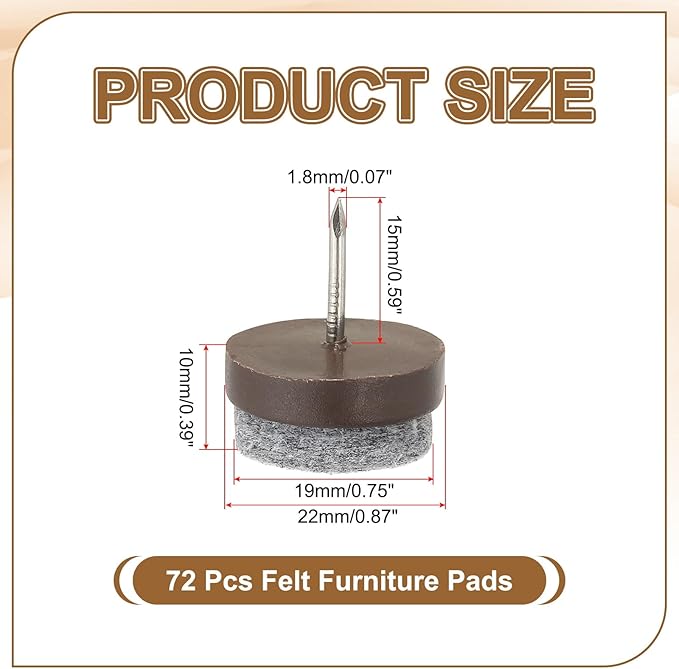 PATIKIL 22 mm Nail-on Felt Pads, 72 Pcs Round Felt Furniture Sliders Pads Heavy Duty Floor Protectors for Wooden Chair Sofa Cabinet Table Leg Feet Hardwood Floors, Brown - Image 2