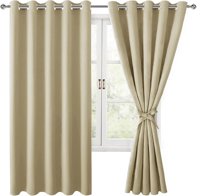 Hiasan Grommet Blackout Curtains for Bedroom, 60 x 72 Inches - Thermal Insulated & Light Blocking Window Drapes for Living Room/Dorm Room, Set of 2 Panels Sewn with Tiebacks, Light Beige by Hiasan