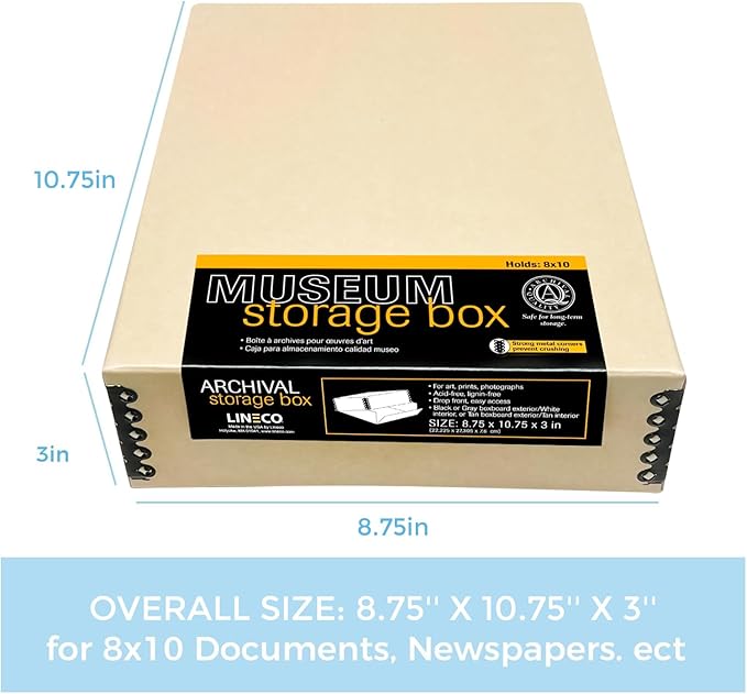 Lineco Museum Archival Storage Box, 8.75x10.75x3 in. Drop Front Design. Acid-Free with Metal Edge. Organize Photos, Pictures, Prints, Documents, Crafts, DIY. Tan, 2 Pack - Image 2