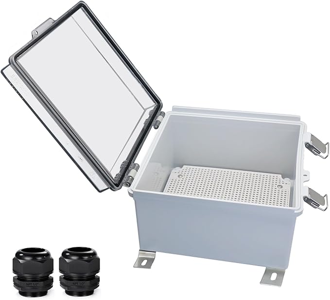 Waterproof Outdoor Electrical Box Junction Box Weatherproof IP67 ABS Plastic Enclosure Switch Router Project Box with Mounting Plate with Wall Bracket 2 Cable Glands Clear 8.27" x 8.27" x 5.12" by YETLEBOX
