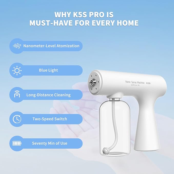 Handheld Rechargeable ULV Nano Mist Mister with Blue Light Electrostatic Technology, Portable Barbershop Humidifier for Hair Salons, Home, Office & Car Wireless Atomizer for Air Refresh(K5SPro Black) - Image 4
