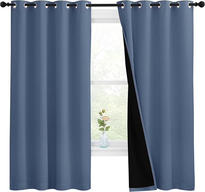 NICETOWN 100% Blackout Curtains with Black Liners, Thermal Insulated Full Blackout 2-Layer Lined Drapes, Energy Efficiency Window Draperies for Bedroom (Stone Blue, 2 Panels, 55-inch W by 68-inch L) by NICETOWN