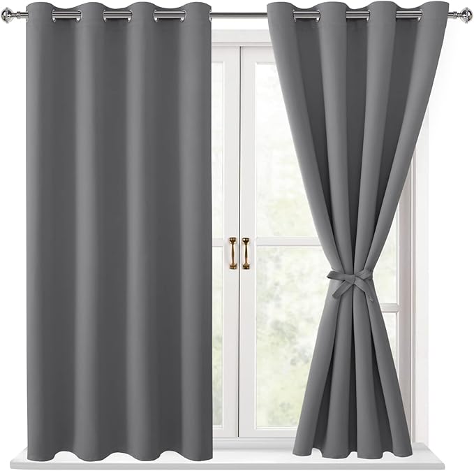 Hiasan Blackout Curtains for Bedroom, 52 x 54 Inches Long - Thermal Insulated & Light Blocking Window Curtains for Living Room, 2 Drape Panels Sewn with Tiebacks, Light Grey by Hiasan