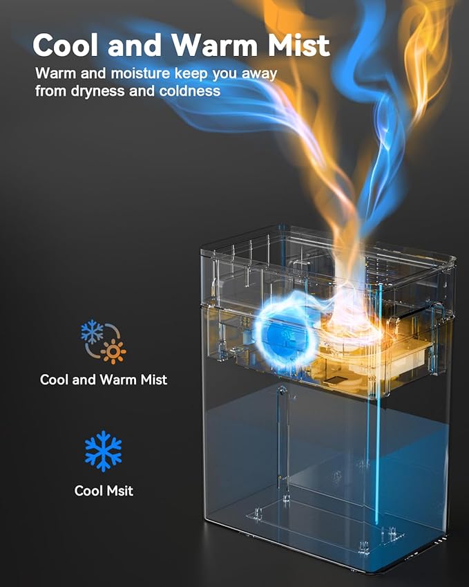 Humidifiers for Bedroom Large Room 10L/2.64Gal, Warm and Cool Mist Humidifier Large Room, Simulated Flame Humidifier Light, 12H Timer, 3 Speed, Top Fill, 1000sq.ft for Baby/Plant/Office - Image 5