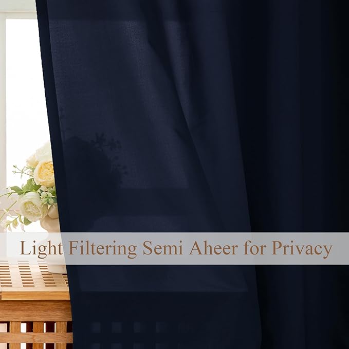 L.Z.E Dark Blue Privacy Curtains 84 Inches Long 2 Panels Set, Light Filtering Curtains for Living Room Bedroom Doorway Divider, Navy Blue Non-See-Through Semi Sheer Window Panels Grommet Top - Image 3