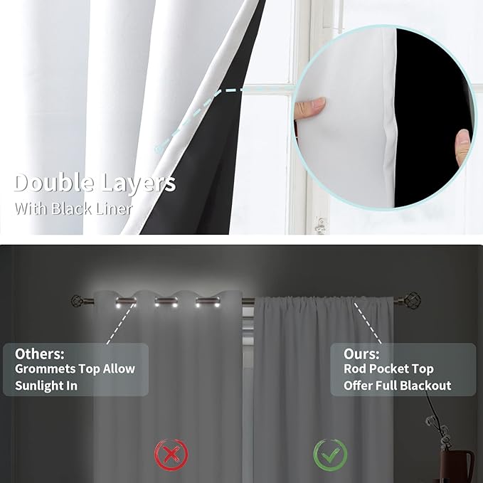 BGment 100% Blackout Curtains for Bedroom with Black Liner, Double Layer Full Room Darkening Thermal Insulated and Noise Reducing Rod Pocket Curtain (55 x 84 Inch, Pure White, 2 Panels) - Image 7