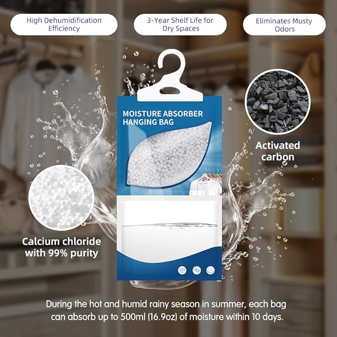 Hanging High-Purity Moisture Absorber, 10 Pack with Activated Carbon, eliminates Musty Odors During humid Summers, Ideal for Drawers and wardrobes,15% Greater Moisture Absorption. (169 oz) - Image 4