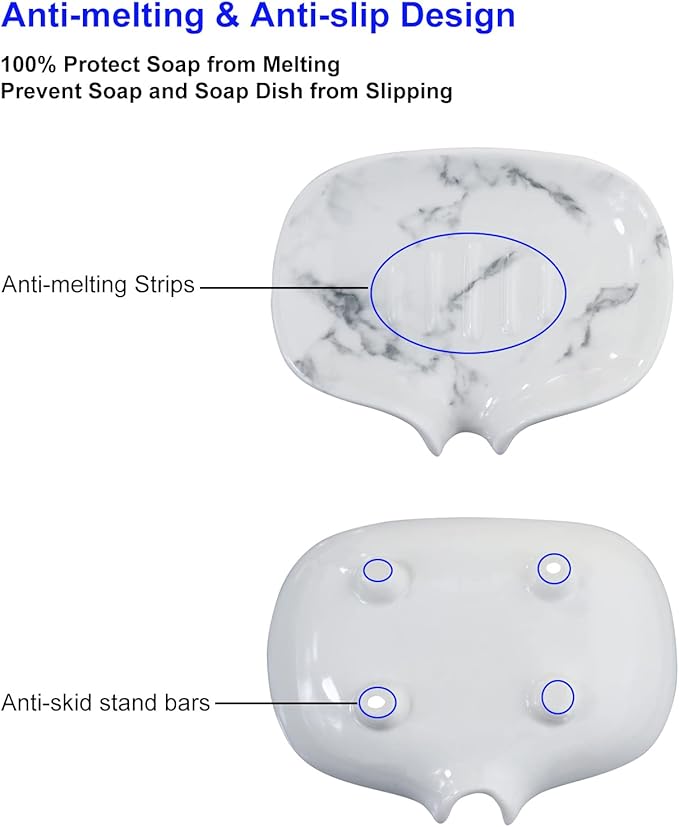 Ceramic Marble Texture Soap Dish, Self Draining Slot, Portable for Shower, Bathroom & Kitchen Sink - Image 3