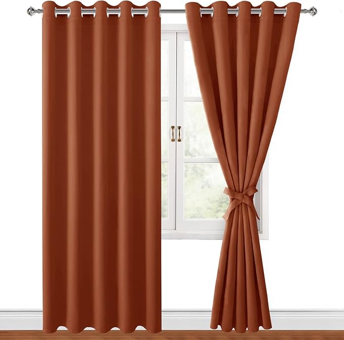 Hiasan Blackout Curtains for Bedroom, 60 x 84 Inches Long - Thermal Insulated & Light Blocking Window Curtains for Living Room/Kids Room Fall Decor, 2 Drape Panels Sewn with Tiebacks, Burnt Ochre by Hiasan
