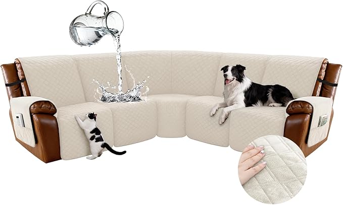 Arfntevss Waterproof Recliner Sectional Couch Covers for Reclining Sectional L Shape Sofa Cover Non Slip Washable Recliner L Shaped Slipcover Sets for Dog Furniture Protector (5 Seater, Light Beige) by Arfntevss