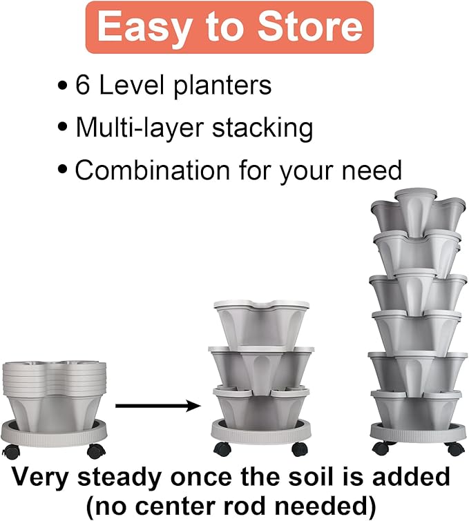 GameXcel Vertical Planter 6 Tier Stackable Planters Garden Planters Strawberry Herb Flower and Vegetable Planter Indoor Outdoor Gardening Pots with Removable Wheels and Tools - Image 7