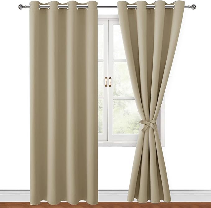 Hiasan Blackout Curtains for Bedroom, 52 x 96 Inches Long - Thermal Insulated & Light Blocking Window Curtains for Living Room, 2 Drape Panels Sewn with Tiebacks, Taupe by Hiasan