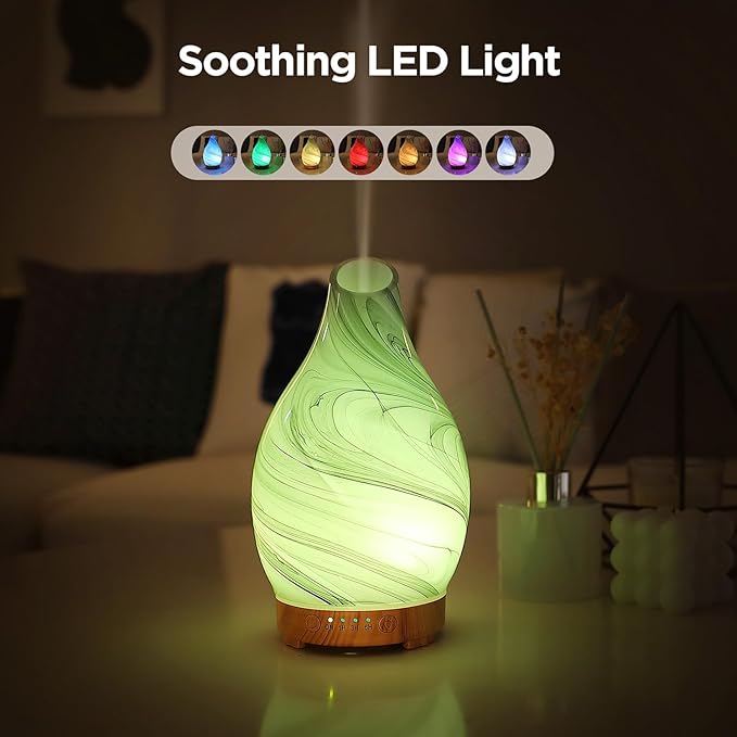 Essential Oil Diffuser, Art Glass Ultrasonic Aromatherapy Diffuser for Home 160ml with Intermittent Mist & LED 7 Colorful Changing Night Light for Bedroom-Ink Dyeing Time - Image 2