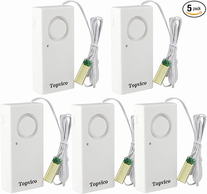 Topvico Water Leak Detector, 120dB Loud Siren, Powered by 9V Battery (not Include), Sensor Alarm for RV Kitchen Basement Water Heater, 5 Pack by MakeLifeSaferandSmarterEnjoyPeaceofMind