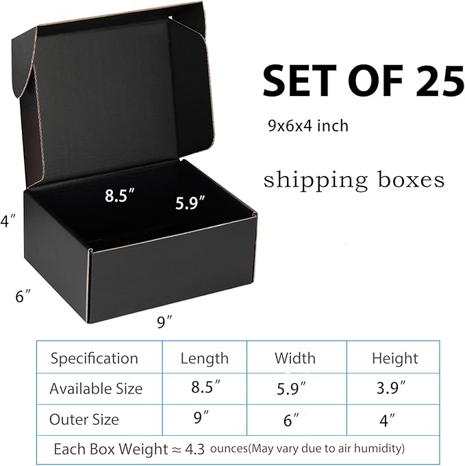 Small Shipping Boxes 9x6x4 Inch (25 Pack) - Sturdy Black Corrugated Cardboard Boxes for Small Business, Ecommerce, Mailing & Packaging | Recyclable Gift & Storage Boxes - Image 2