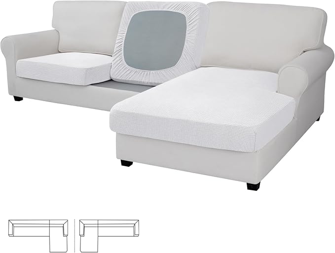 Easy-Going Stretch 3 Pieces Couch Cushion Covers for Sectional Sofa Left/Right L Shape Chaise Lounge Sofa Seat slipcover Anti-Slip Sofa Cover Soft (2 Seater + 1 Chaise, Snow White) by Easy-Going
