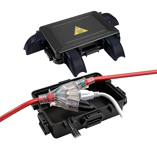 Small Outdoor Electrical Box,Waterproof Extension Cord Cover(Inner 7.3 * 5.1 * 1.6 inch) Weatherproof Connection Box w/4 Cable Entry Protect for Plug,Connector,Festive Light (1 PCS, Black) by DIQMIAQ
