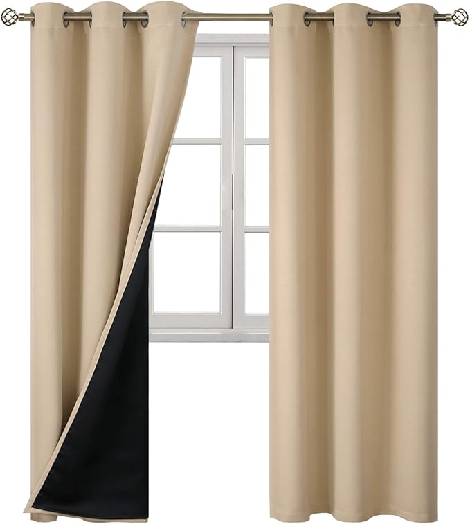 BGment Thermal Insulated 100% Blackout Curtains for Bedroom with Black Liner, Double Layer Full Room Darkening Noise Reducing Grommet Curtain (42 x 84 Inch, Beige, 2 Panels) - Image 8