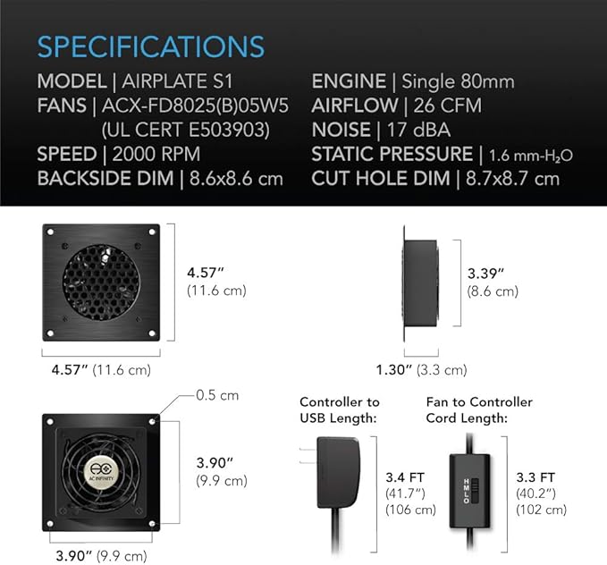 AC Infinity AIRPLATE S1, Quiet Cooling Fan System 4" with Speed Control, for Home Theater AV Cabinets (Pack of 2) - Image 6