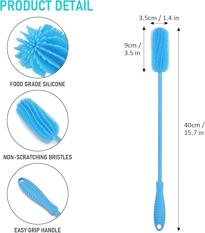 15.7" Silicone Bottle Brush, ddLUCK Water Bottle Cleaner Brush for Stanley, Hydroflasks, Glass, Thermos Sports Bottle, Vase and Glassware, Bottle Brush Cleaner for Small Narrow Neck Containers (Blue) - Image 3
